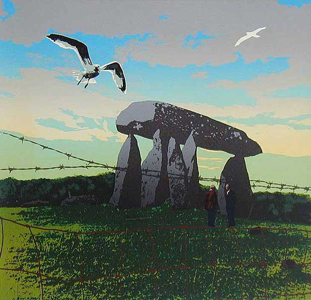 Conversation near the Blue Stones; A screenprint by Jonathan Owen. Two men have an evening conversation at Pentre Ifan cromlech, Wales.